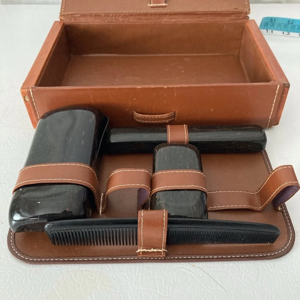 Leather Toiletry Kit Top Grain Leather W/ Faux Tortoise Boxes and Containers